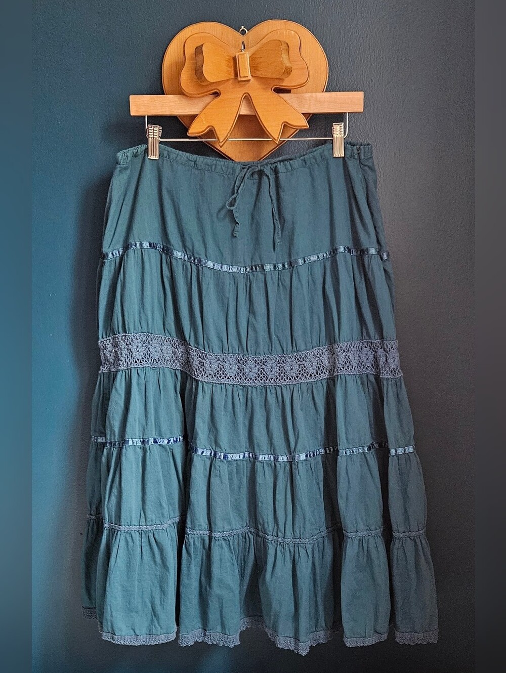Vintage Teal Tiered Maxi Skirt with Crochet Inserts
